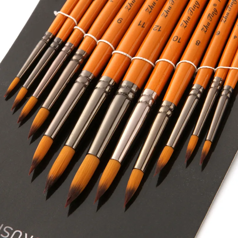 12 PCs Watercolor Brush Nylon Brush Wooden Poles Oil Painting Brush Set Art