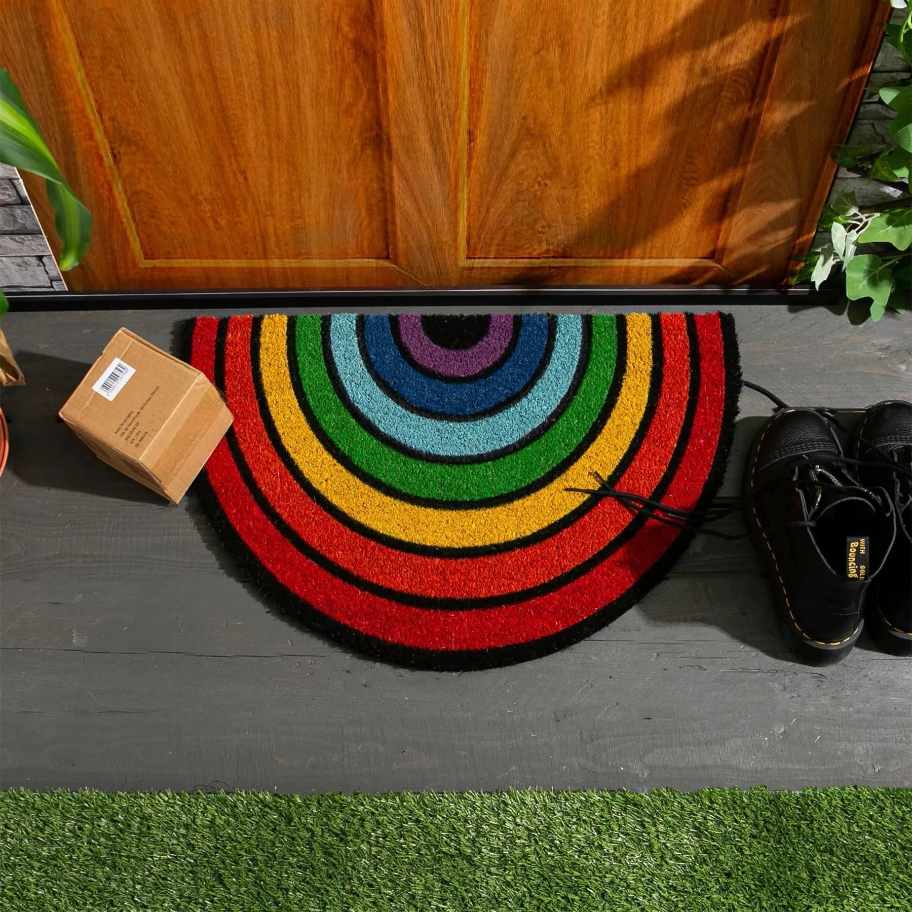 60cm x 40cm Multicoloured Rainbow Coir Half Moon Door Mat - By Nicola Spring