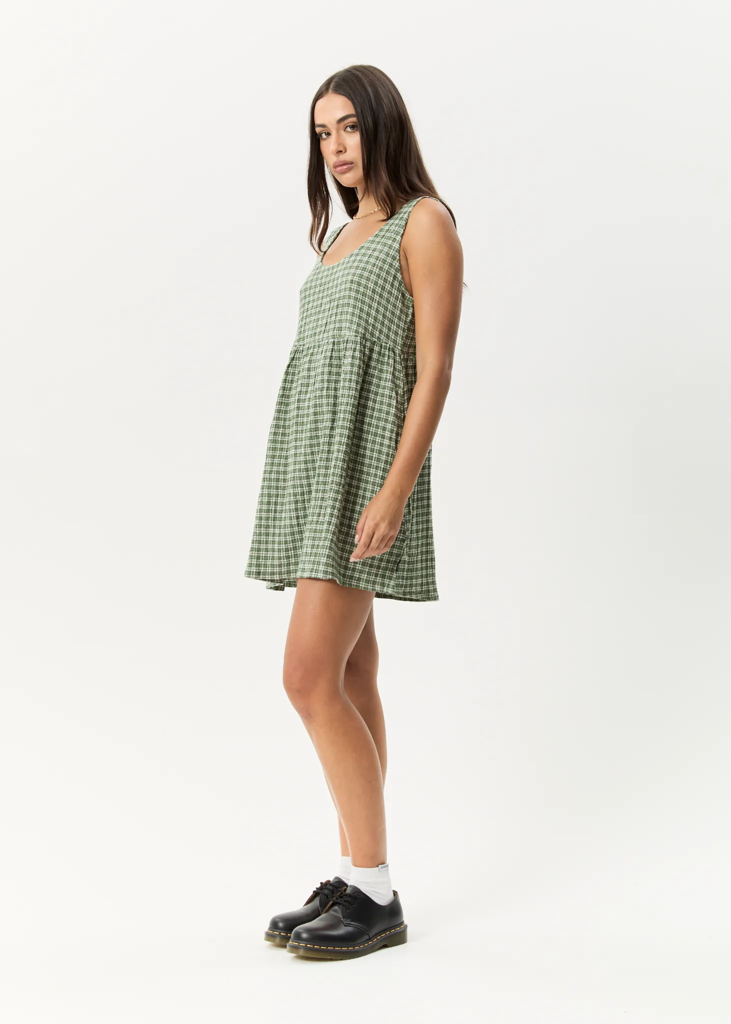 AFENDS Womens Base Jesse - Seersucker Mini Dress - Deep Green Check