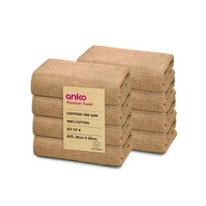 Anko Australia 100% Cotton 350 GSM Madison Face Towel | Set of 8 | Super-Soft, Absorbent, Quick-Drying | Light Brown Towel for Men, Women & Kids | 30x30 cm |Travel, Gym, Spa Towel