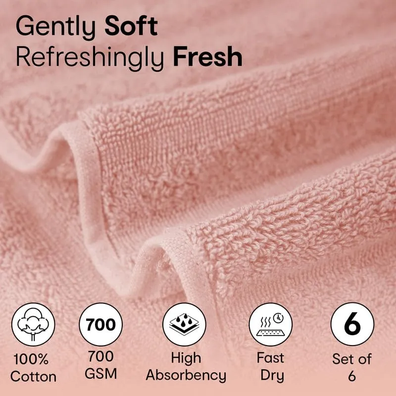 Anko Australia 100% Cotton 700 GSM Ribbed Hand Towel | Set of 6 | Super-Soft, Absorbent, Quick-Drying | Pink Towel for Men, Women & Kids | 60x40 cm |Travel, Gym, Spa Towel