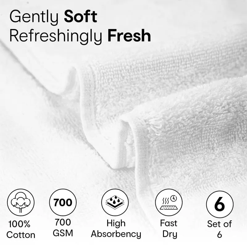 Anko Australia 100% Cotton 700 GSM Ribbed Hand Towel | Set of 6 | Super-Soft, Absorbent, Quick-Drying | White Towel for Men, Women & Kids | 60x40 cm |Travel, Gym, Spa Towel