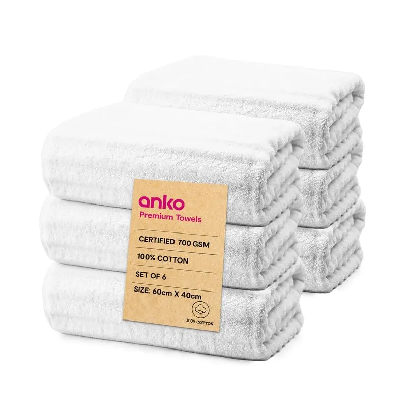 Anko Australia 100% Cotton 700 GSM Ribbed Hand Towel | Set of 6 | Super-Soft, Absorbent, Quick-Drying | White Towel for Men, Women & Kids | 60x40 cm |Travel, Gym, Spa Towel