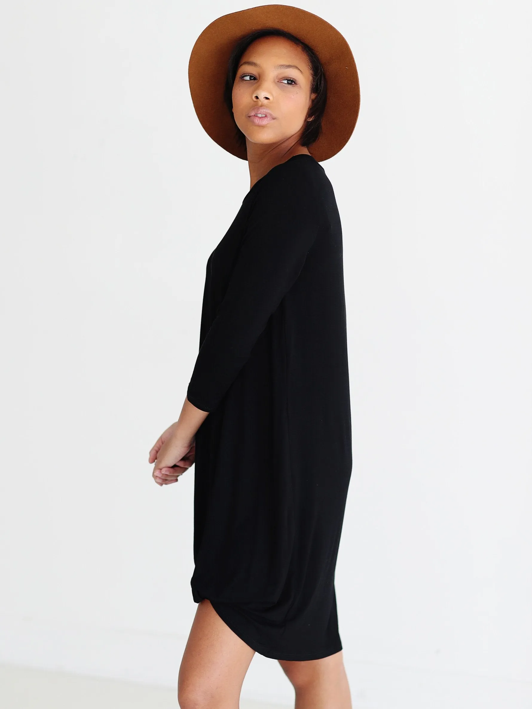 Black DLMN Side Knot 3/4 Sleeve Dress