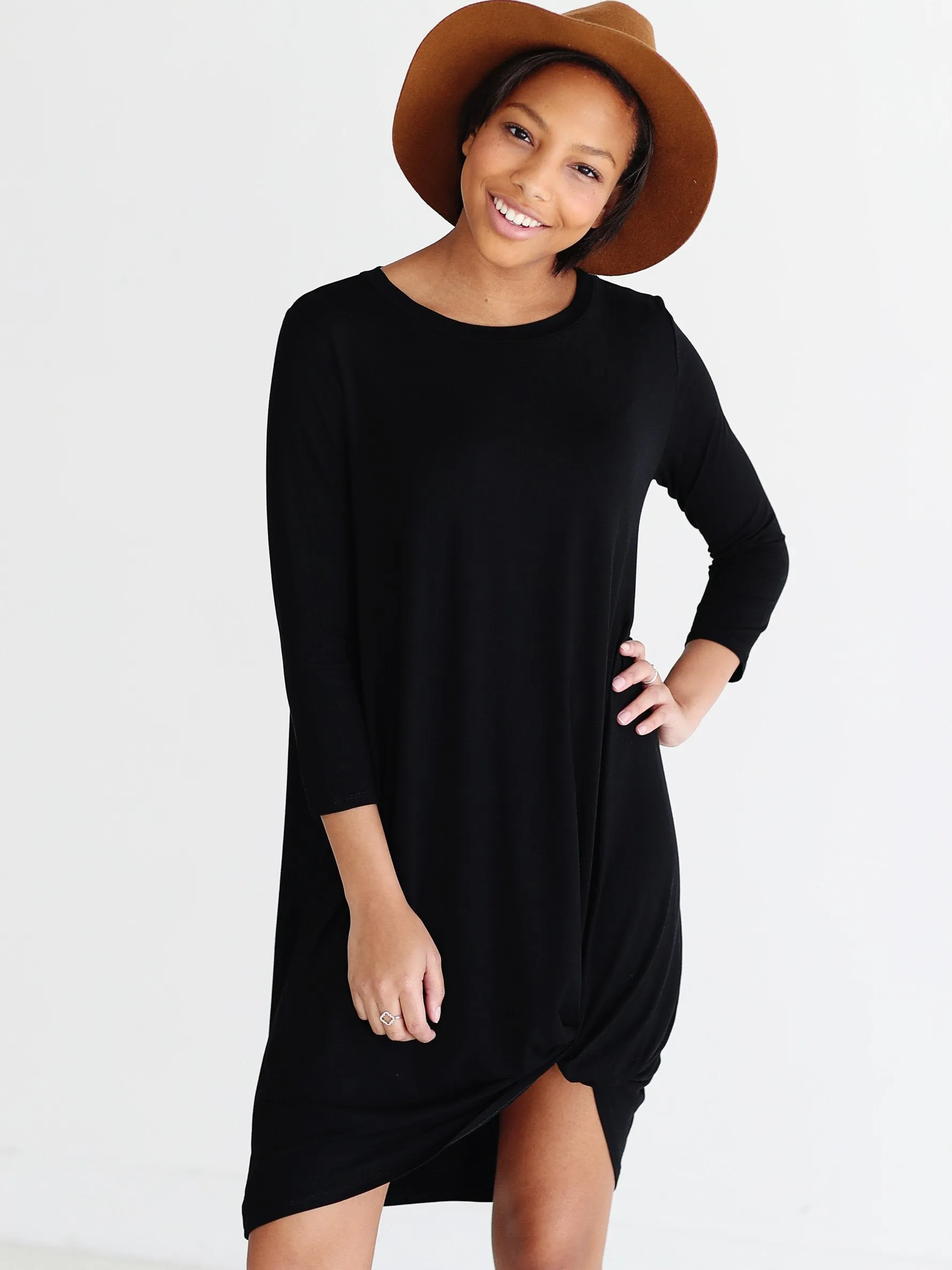 Black DLMN Side Knot 3/4 Sleeve Dress