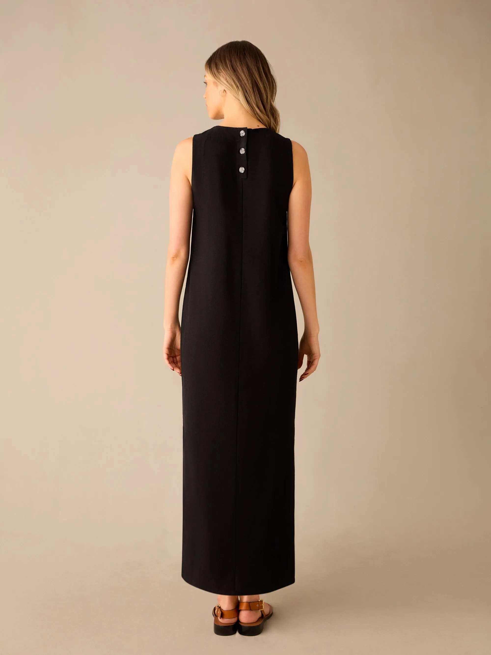 Black Linen-blend Tie Waist Column Midi Dress