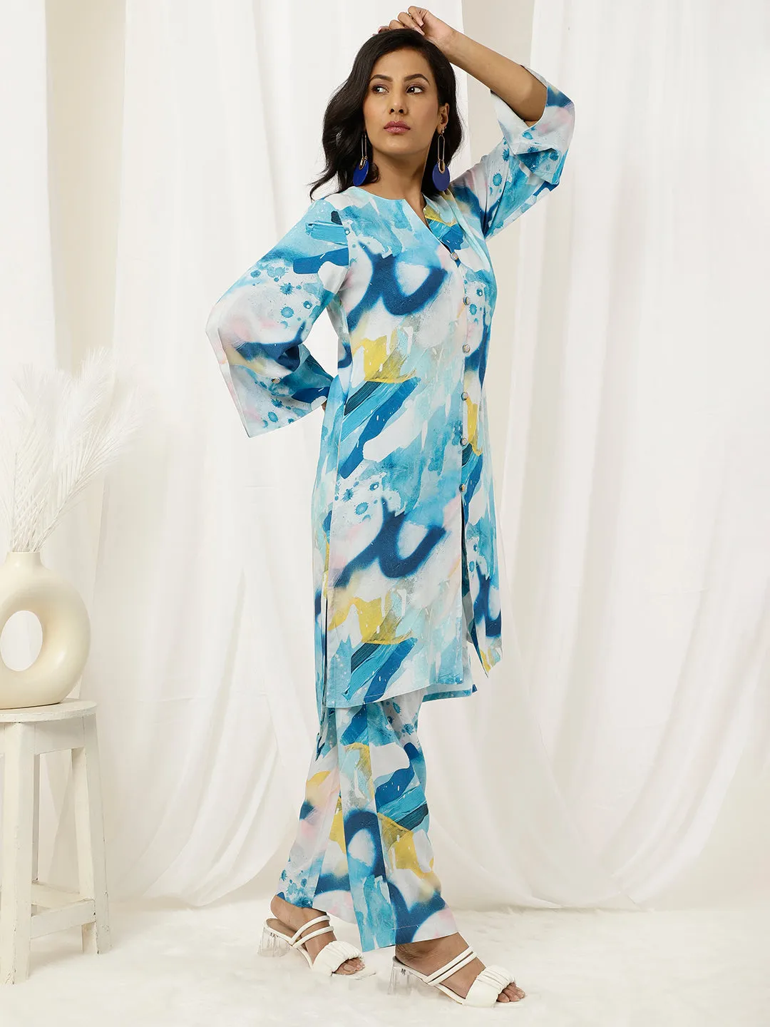 Blue Abstract Print Straight Kurta And Palazzo