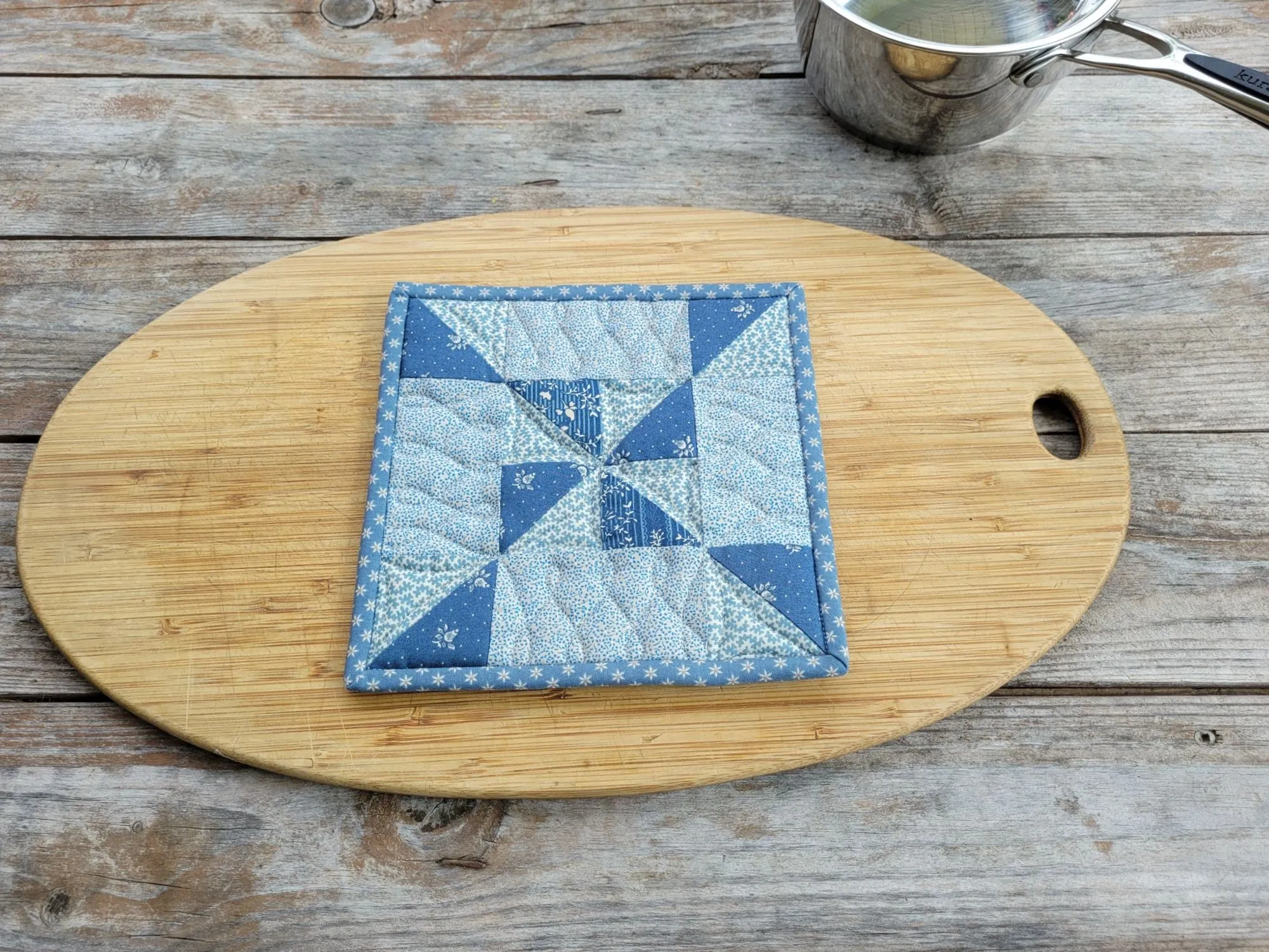 Blue Pinwheel Patchwork Potholder, Quilted Hot Mat for Kitchen & Dining