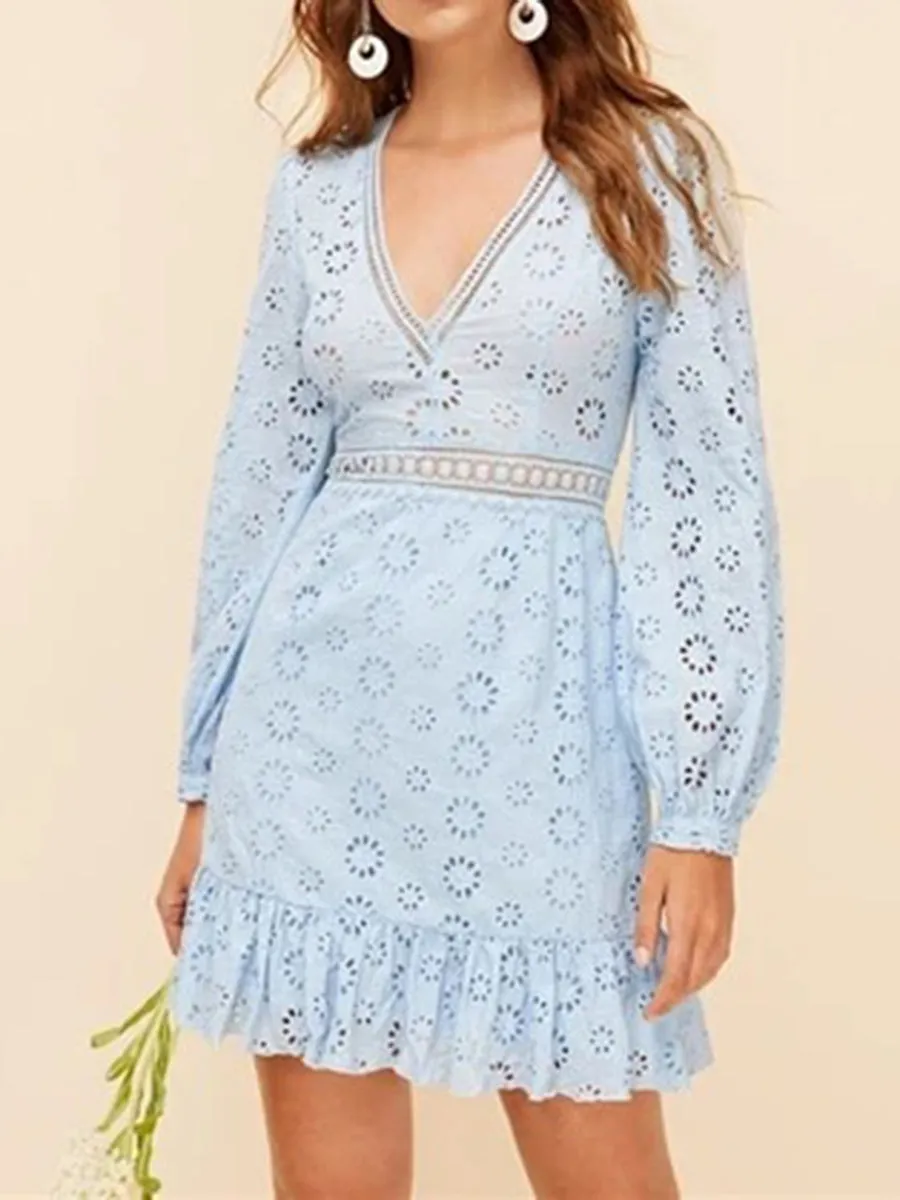 Boho Plunging Neck Lace Insert Embroidered Eyelet Mini Dress