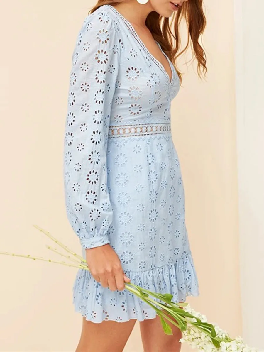 Boho Plunging Neck Lace Insert Embroidered Eyelet Mini Dress