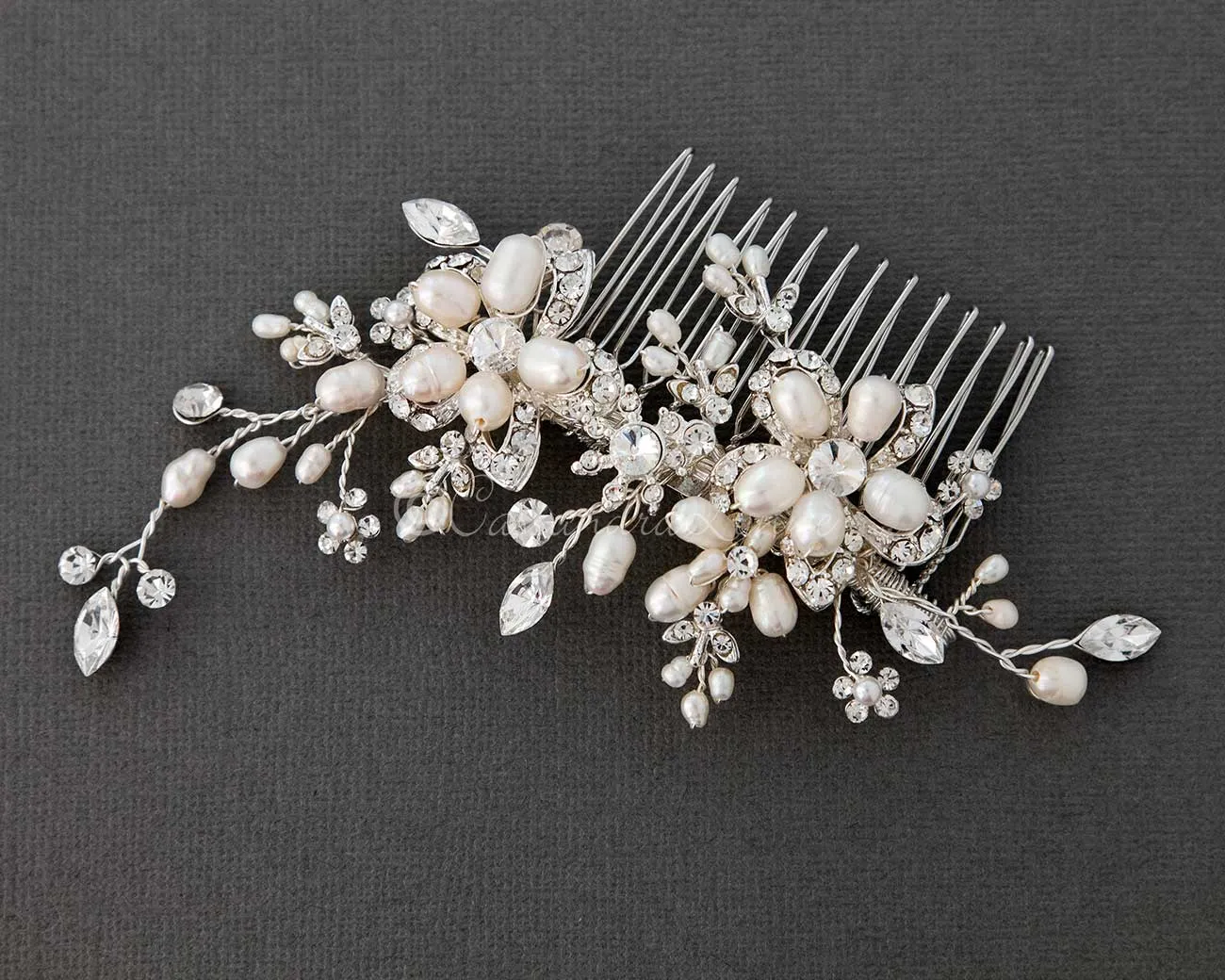 Bridal Hair Comb with Pearl Rhinestone Flowers