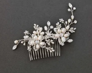 Bridal Hair Comb with Pearl Rhinestone Flowers