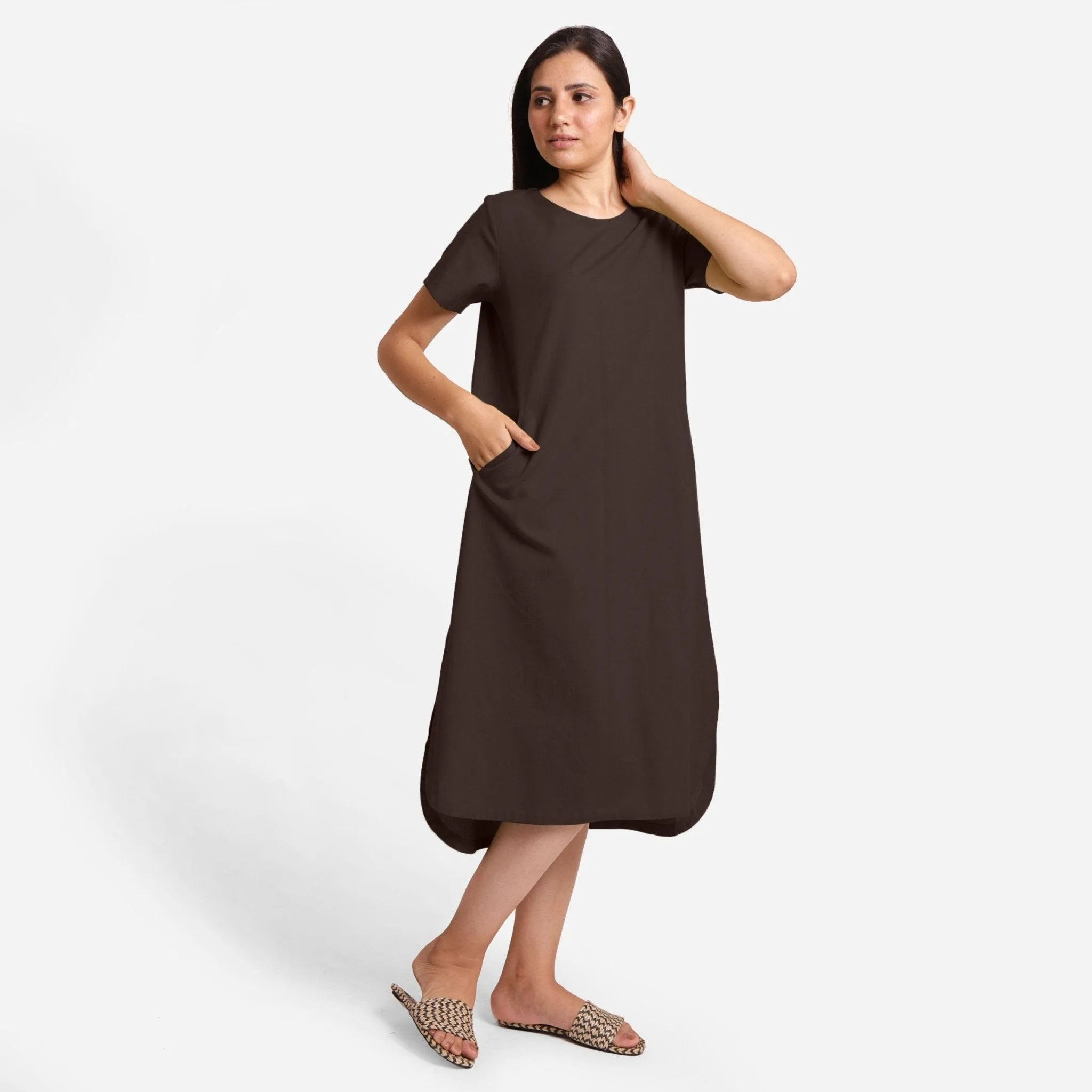 Brown Cotton Flax High-Low Midi Shift Dress