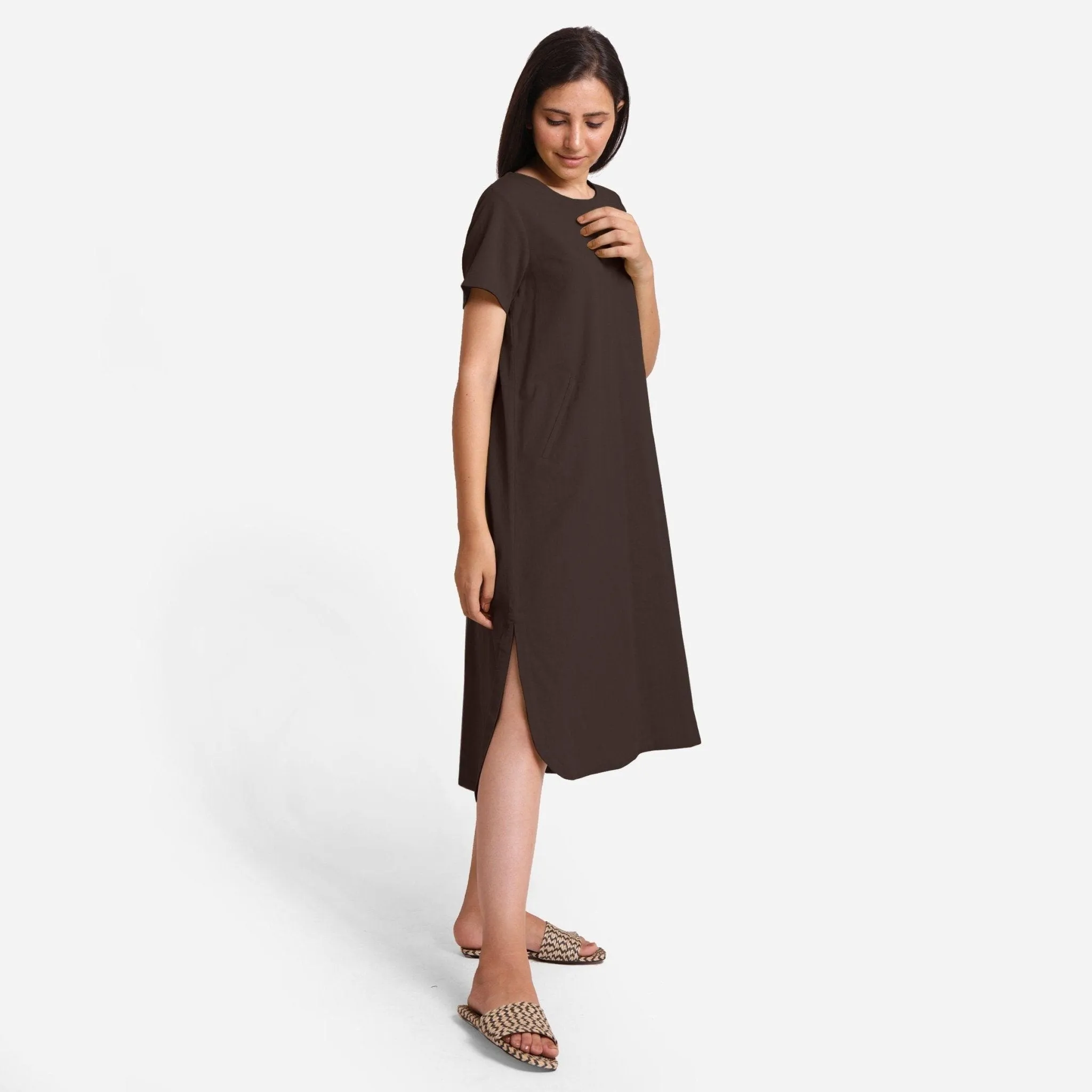 Brown Cotton Flax High-Low Midi Shift Dress