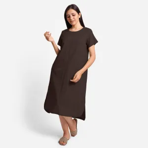 Brown Cotton Flax High-Low Midi Shift Dress