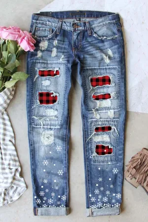 Christmas Snowflake Distressed Straight Jeans