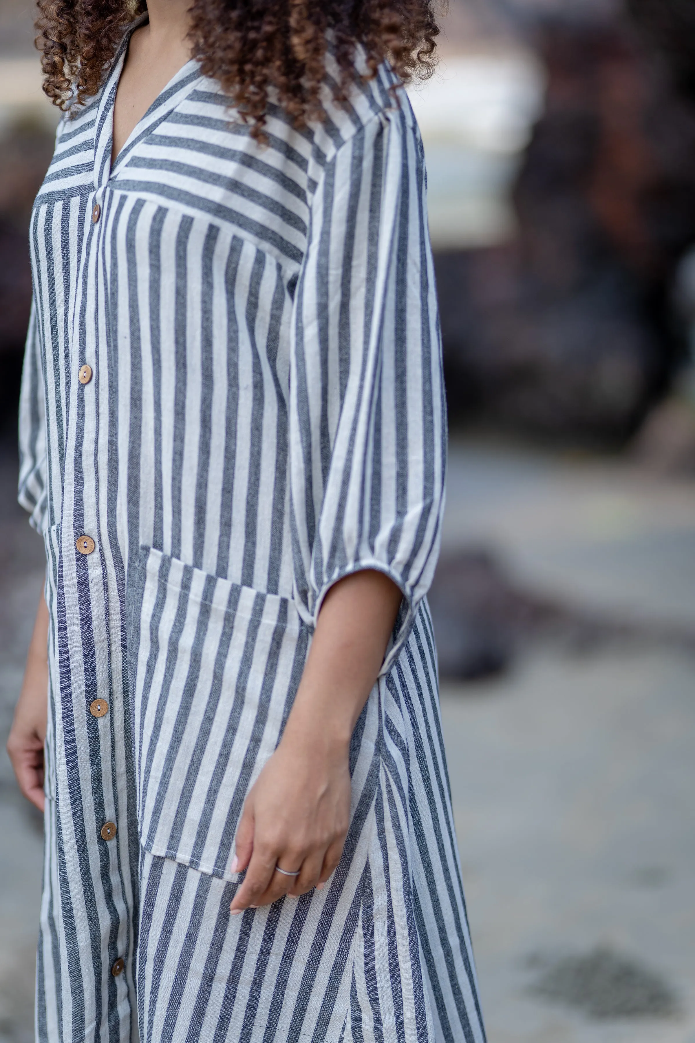 Cotton Striped Midi Dress with Patch Pockets