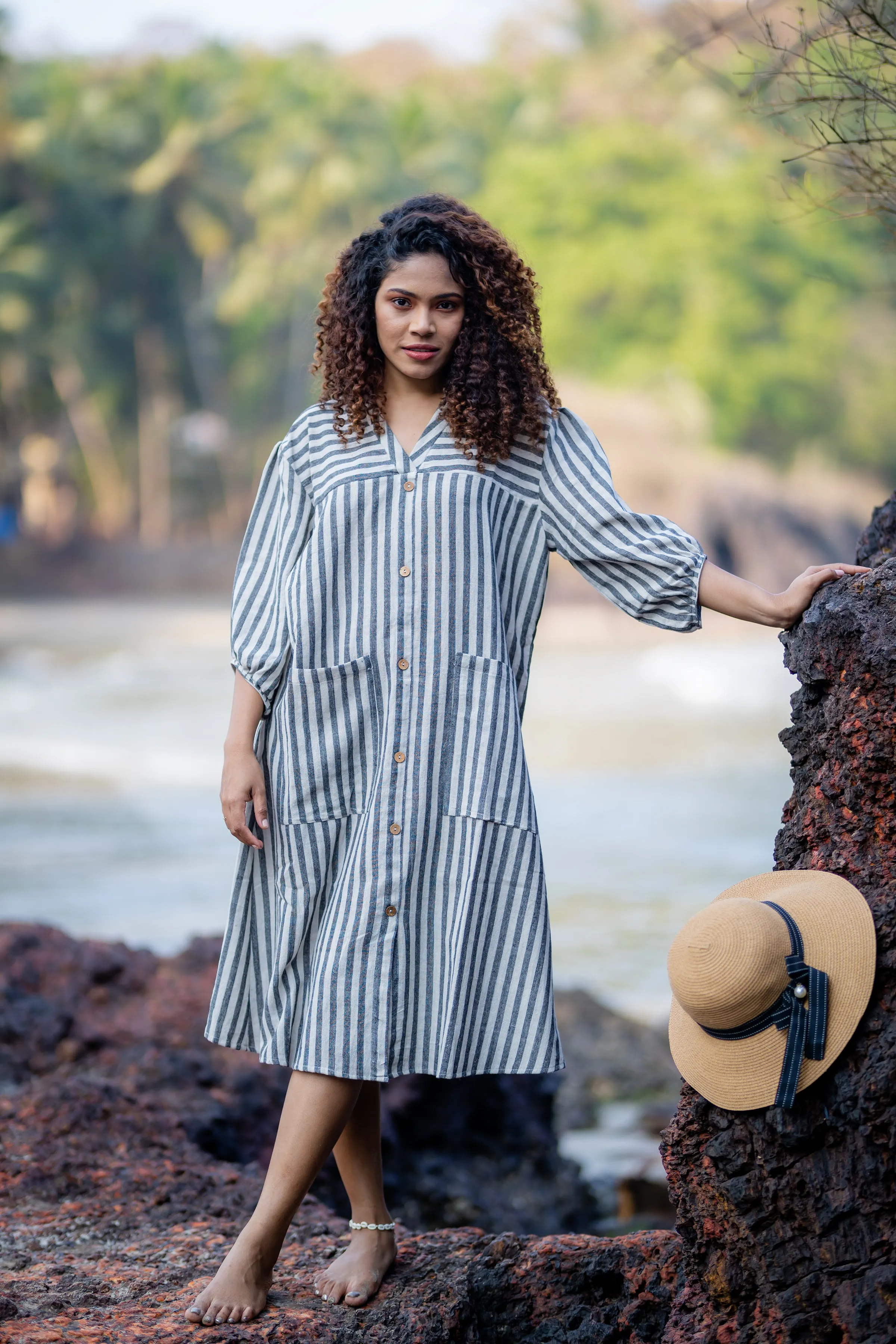 Cotton Striped Midi Dress with Patch Pockets