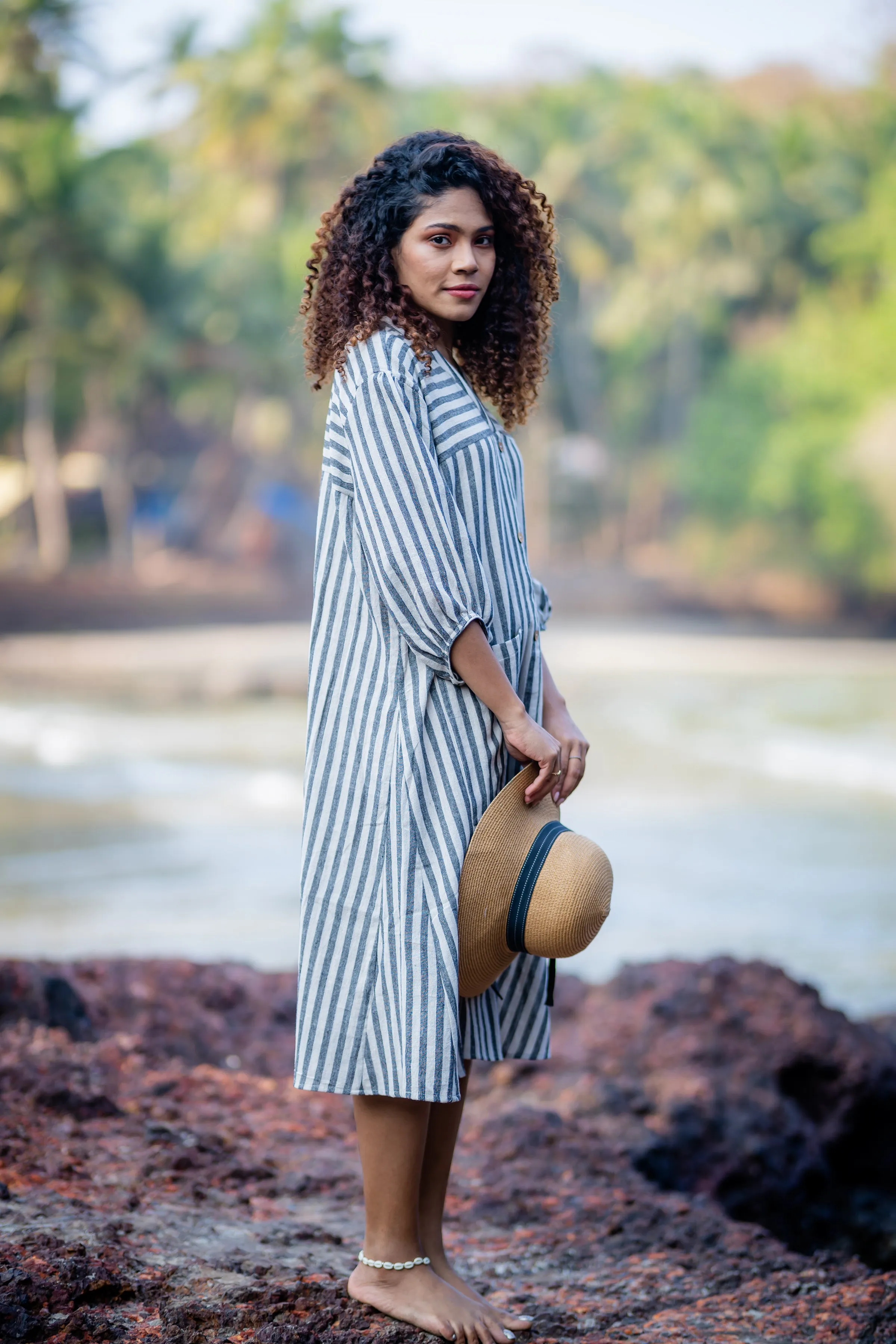 Cotton Striped Midi Dress with Patch Pockets