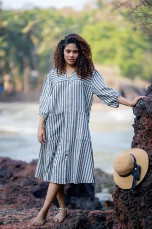 Cotton Striped Midi Dress with Patch Pockets