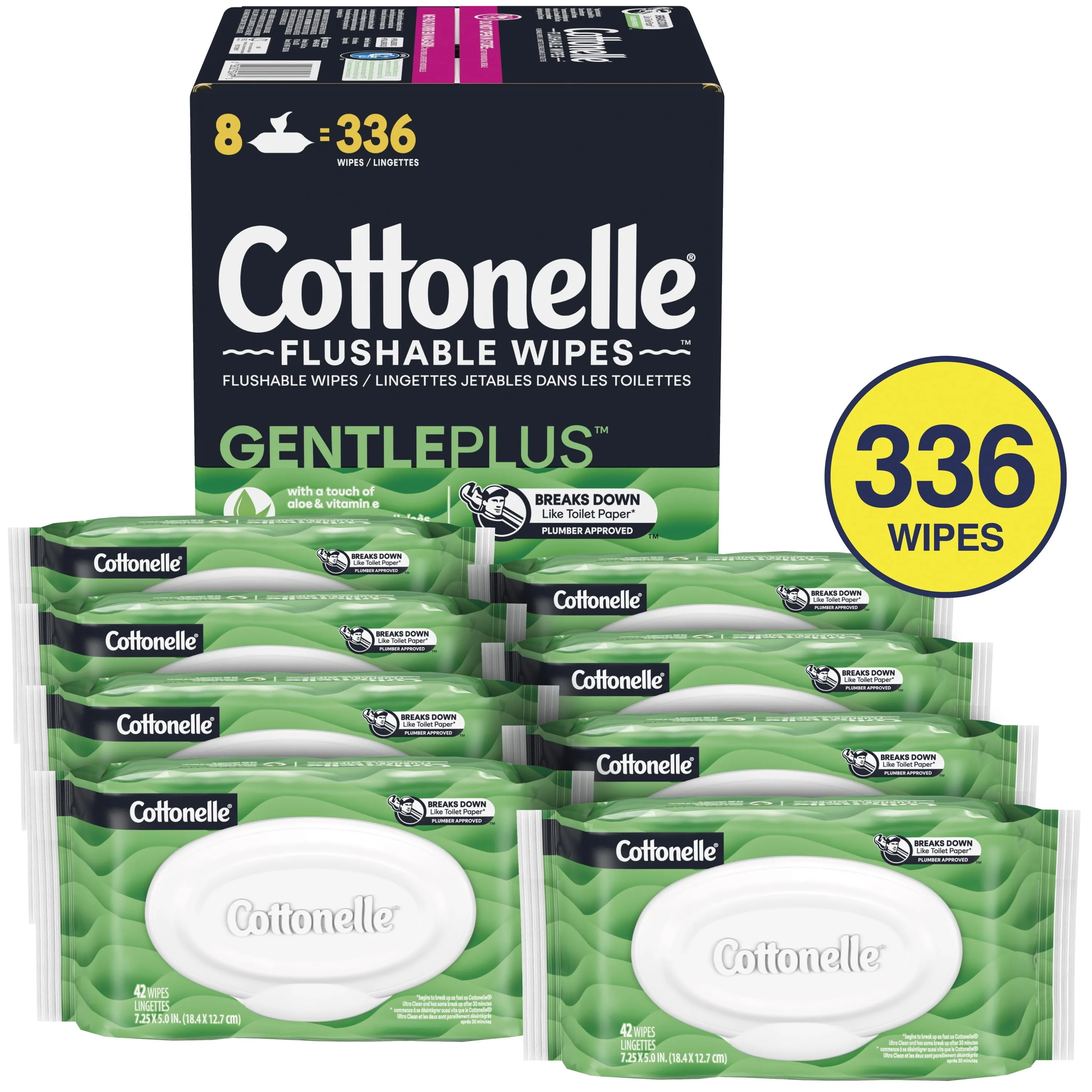 Cottonelle Gentle Plus Flushable Wipes, 8 Flip-Top Packs, 42 Wipes Per Pack (336 Total)