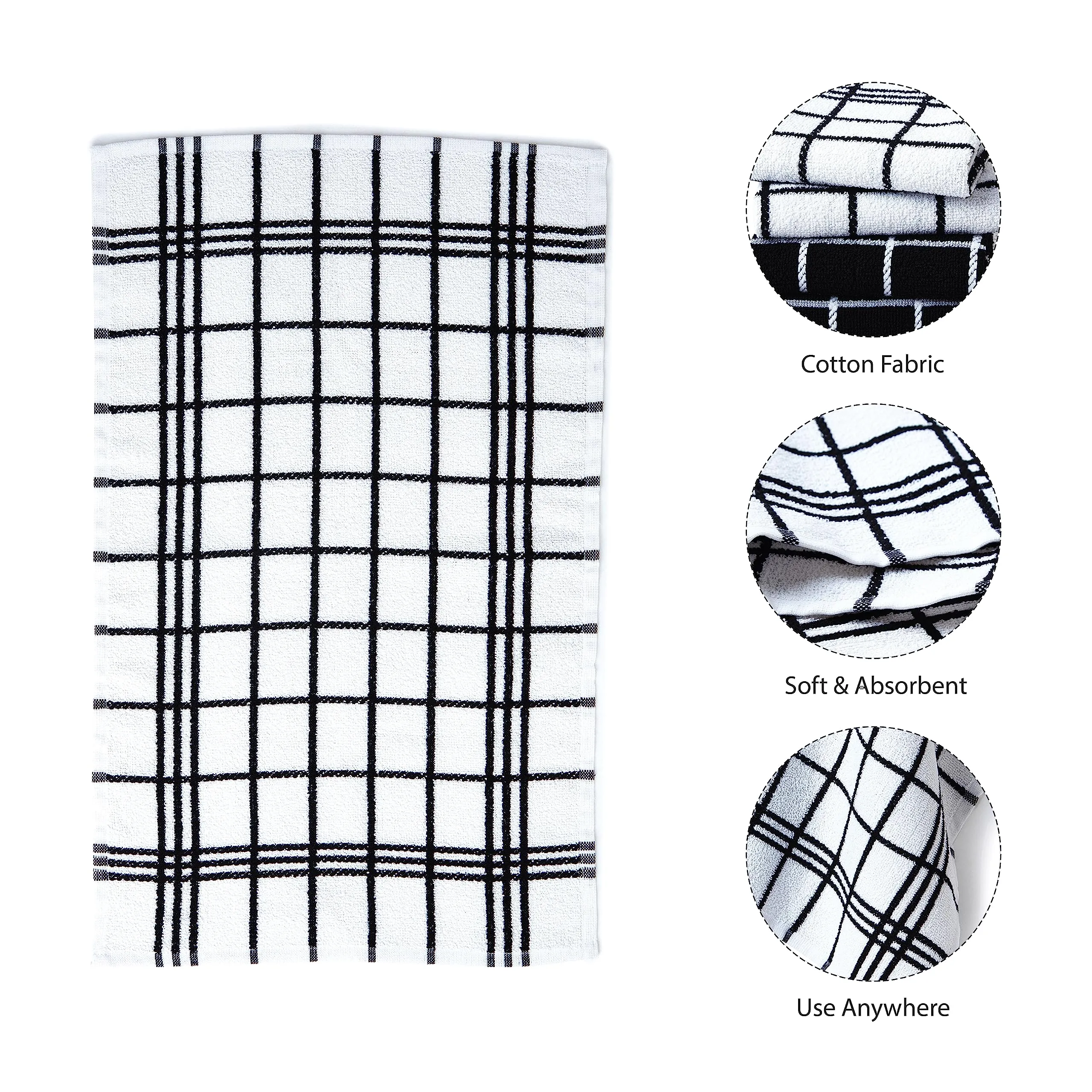 Encasa Cotton Mono Check Black Non-Terry Terry Kitchen Towels Pack of 4 - Quick Drying Dishes, Soft & Absorbent, Reusable Hand Towels for Kitchen, Restaurant & Bars - Pack of 4 Combo