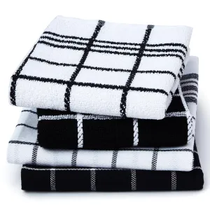 Encasa Cotton Mono Check Black Non-Terry Terry Kitchen Towels Pack of 4 - Quick Drying Dishes, Soft & Absorbent, Reusable Hand Towels for Kitchen, Restaurant & Bars - Pack of 4 Combo