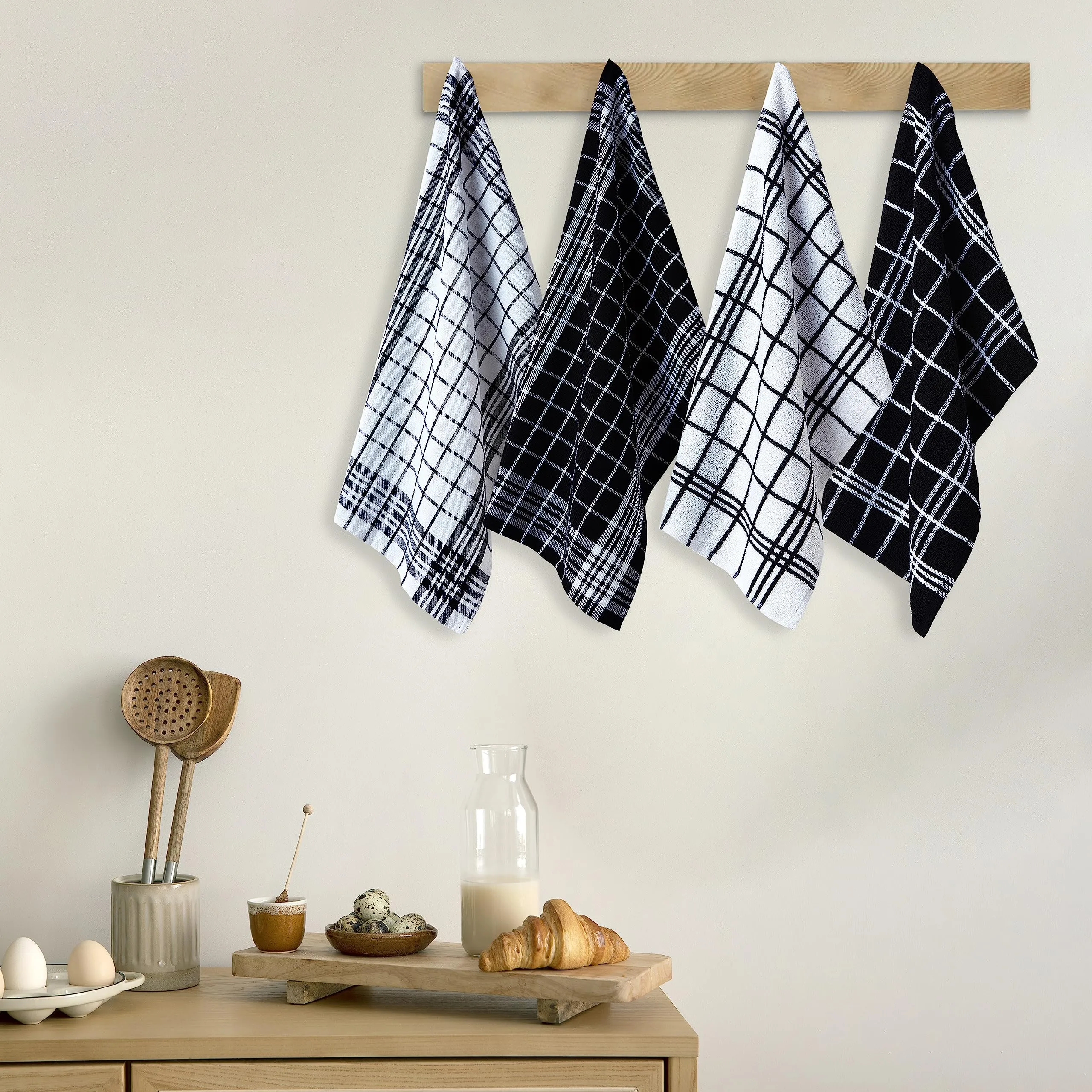 Encasa Cotton Mono Check Black Non-Terry Terry Kitchen Towels Pack of 4 - Quick Drying Dishes, Soft & Absorbent, Reusable Hand Towels for Kitchen, Restaurant & Bars - Pack of 4 Combo