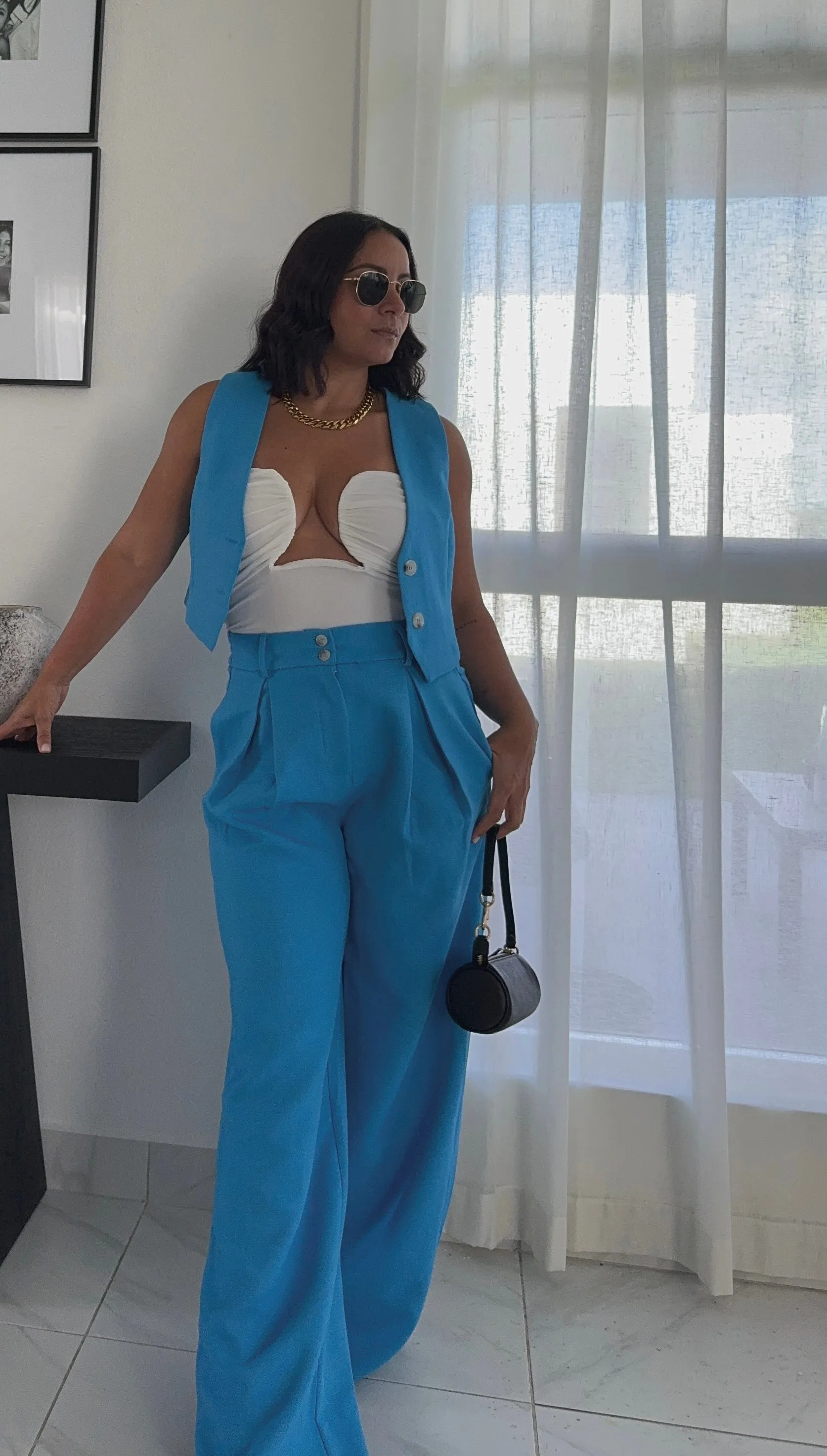 French Blue Vest & Flare Pants Set