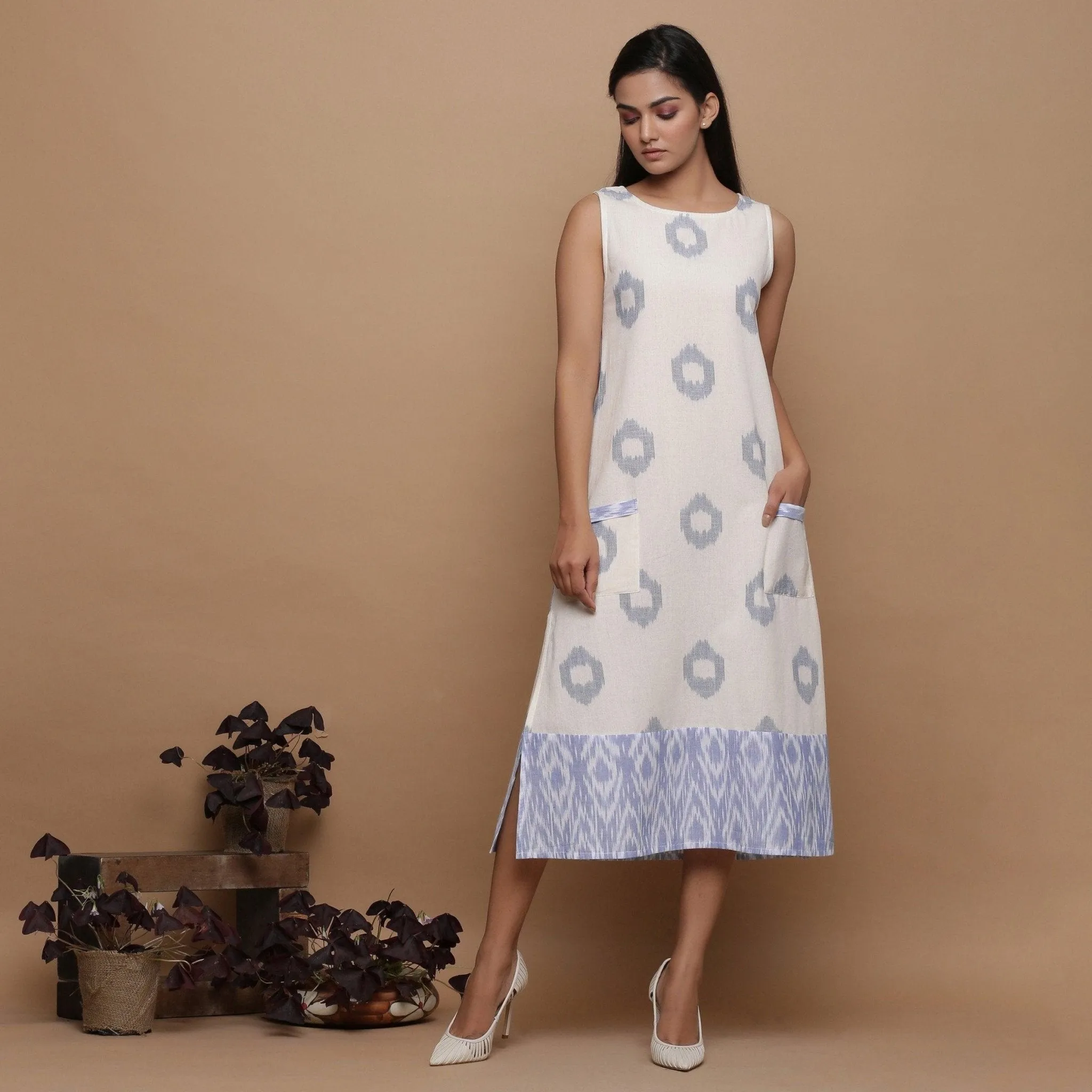 Handwoven Cotton Ikat Off-White Scoop Neck Shift Dress