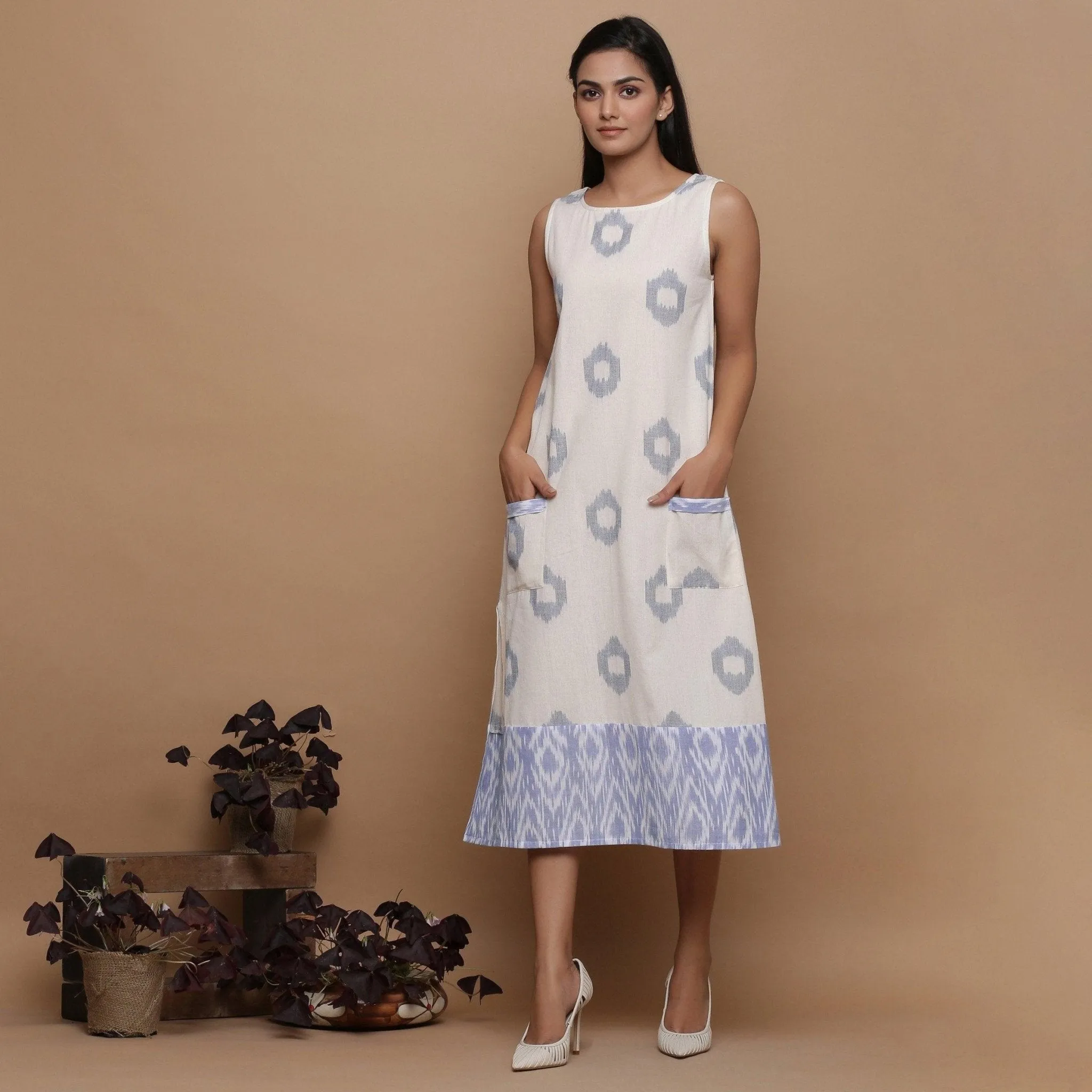 Handwoven Cotton Ikat Off-White Scoop Neck Shift Dress