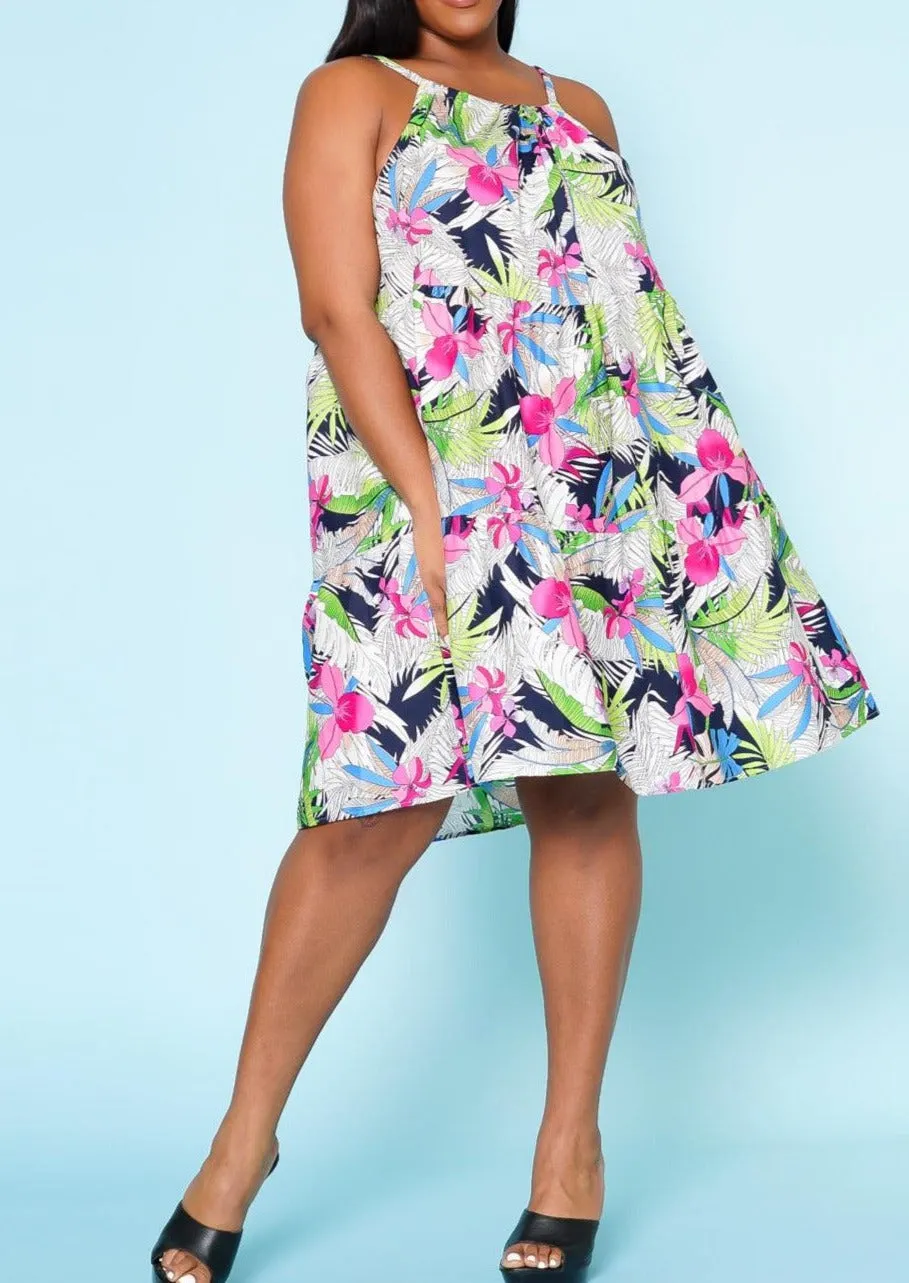 HI Curvy Plus Size Women Tropic Floral Pattern Flare Mini Dress With Pockets