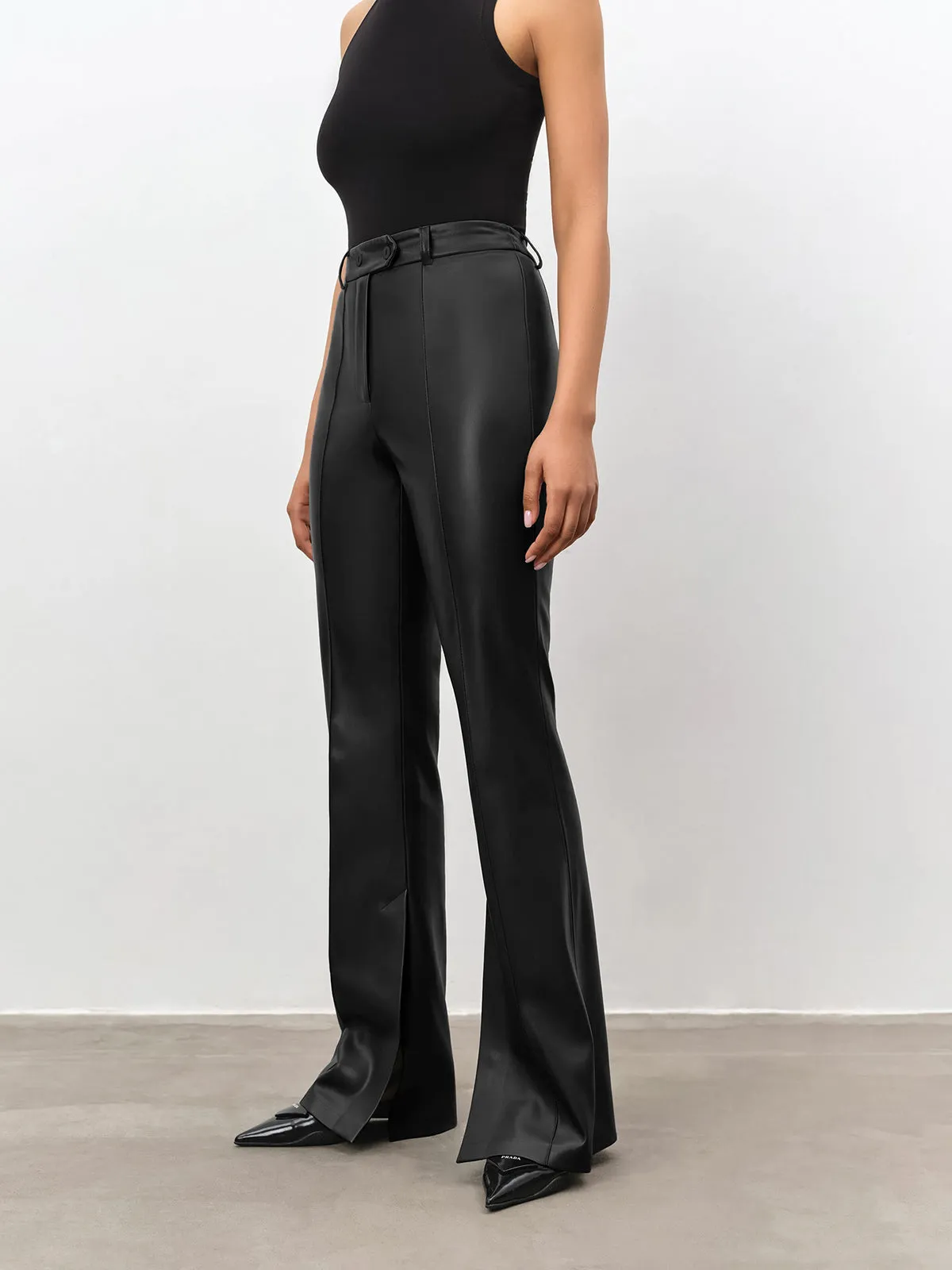 High Waisted Leather Trendy Straight Leg Flare Pants