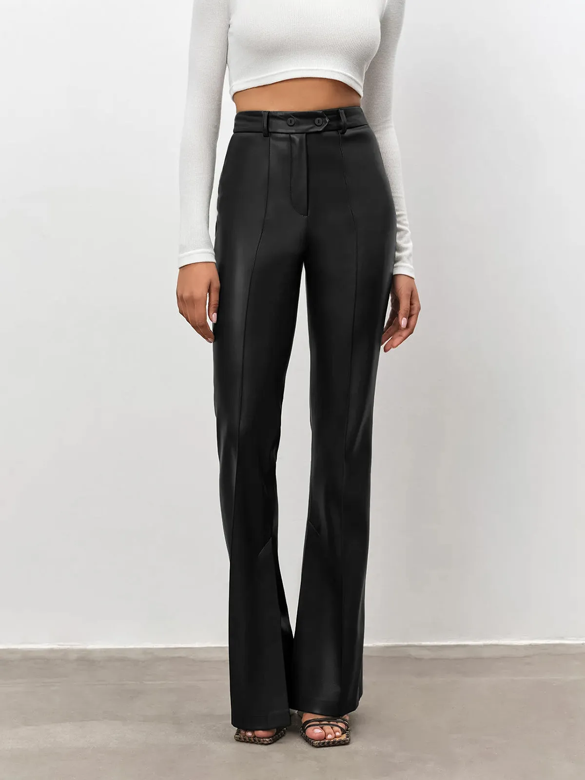 High Waisted Leather Trendy Straight Leg Flare Pants