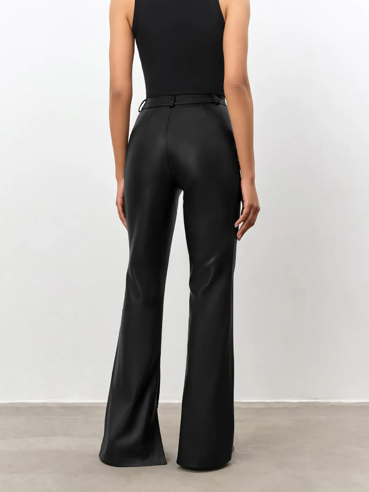 High Waisted Leather Trendy Straight Leg Flare Pants