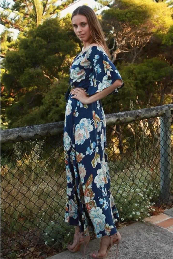 Isabella Boho Off Shoulder Maxi Dress Navy Floral