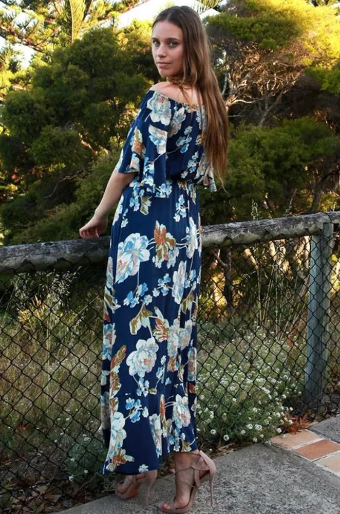 Isabella Boho Off Shoulder Maxi Dress Navy Floral