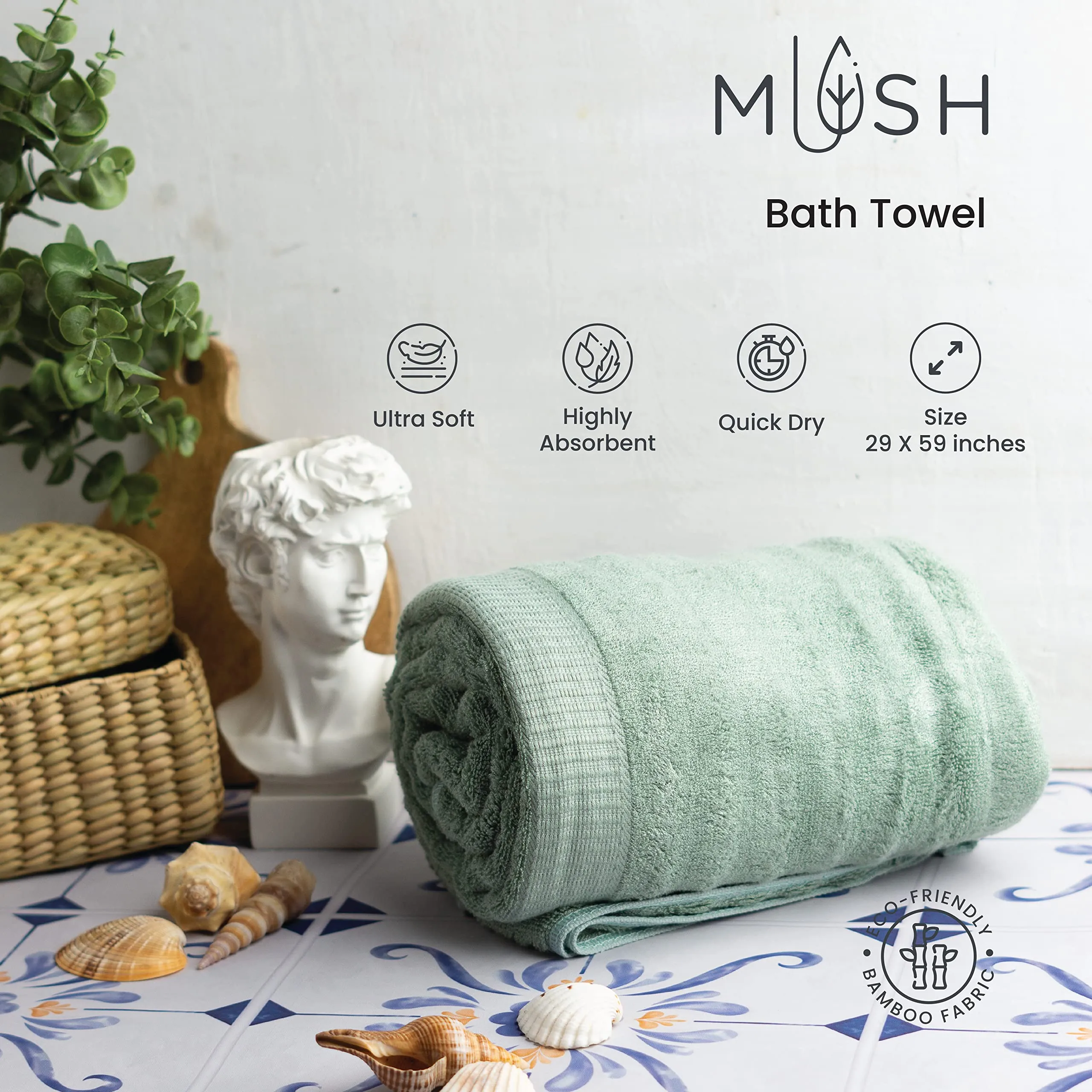 Mush 100% Bamboo 600 GSM Bath Towel |Ultra Soft, Absorbent & Quick Dry Towel for Bath |Towel Set of 2 | Solid | Couple Towel Set | 29 x 59 Inches (2, Olive Green & Cream)