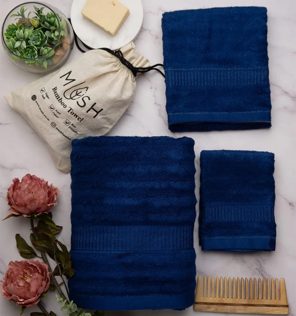 Mush Bamboo Towels Set | Ultra Soft, Absorbent and Antimicrobial 600 GSM (2 Bath Towel, 2 Hand Towel and 2 Face Towel) Perfect for Daily Use and Gifting (Navy & White)