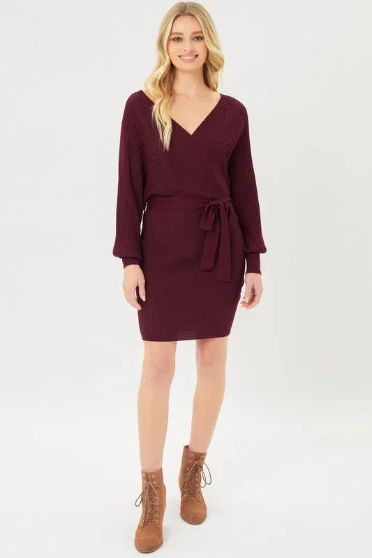 Off Shoulder Wrap Belted Ribbed Knit Dress