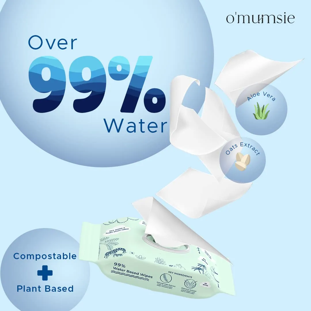 Omumsie 99% Pure Water (Unscented)Thickest Plant Based Baby Wipes Pack of 4