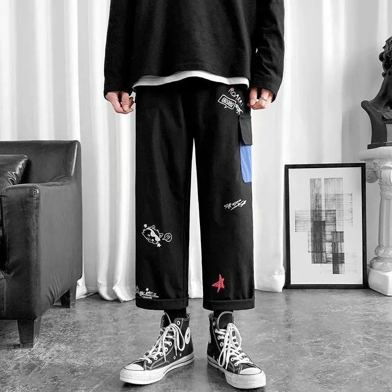 Pants Men Thin Korean Trendy Loose Straight Casual Long Cartoon Cargo Pants