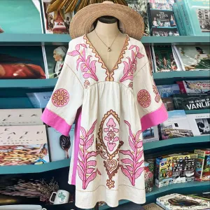 Pink Embroidered Loose Mini Dress