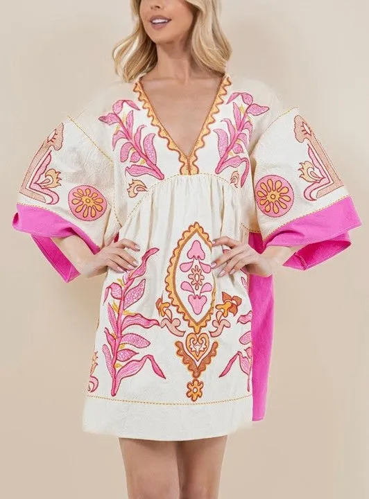 Pink Embroidered Loose Mini Dress