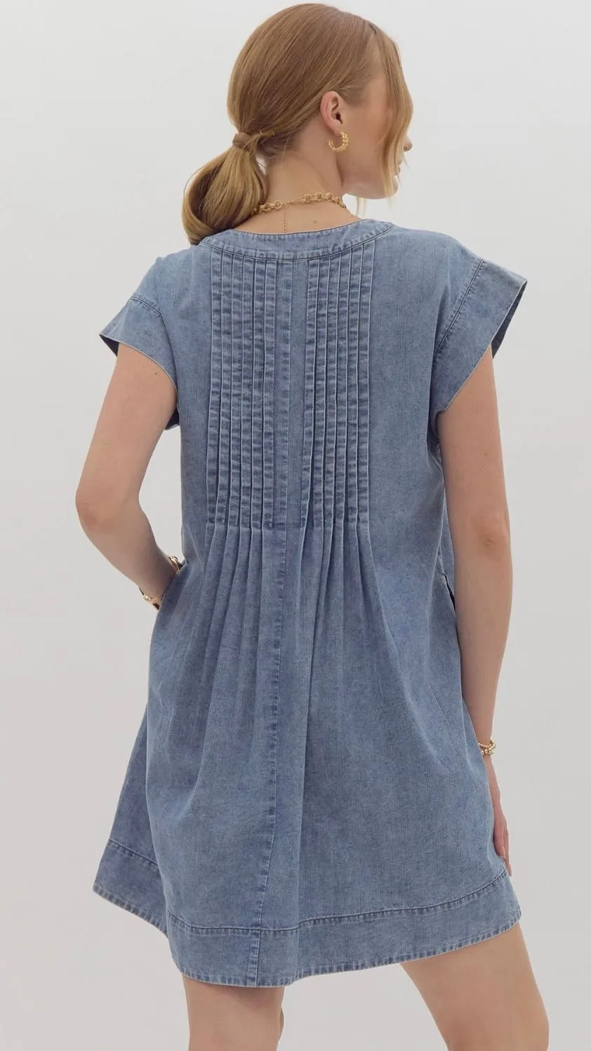 Pleated Bodice Denim Dress