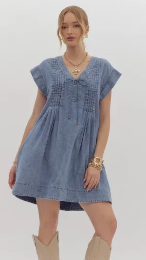 Pleated Bodice Denim Dress