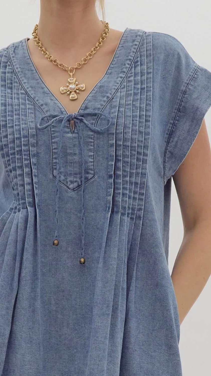 Pleated Bodice Denim Dress