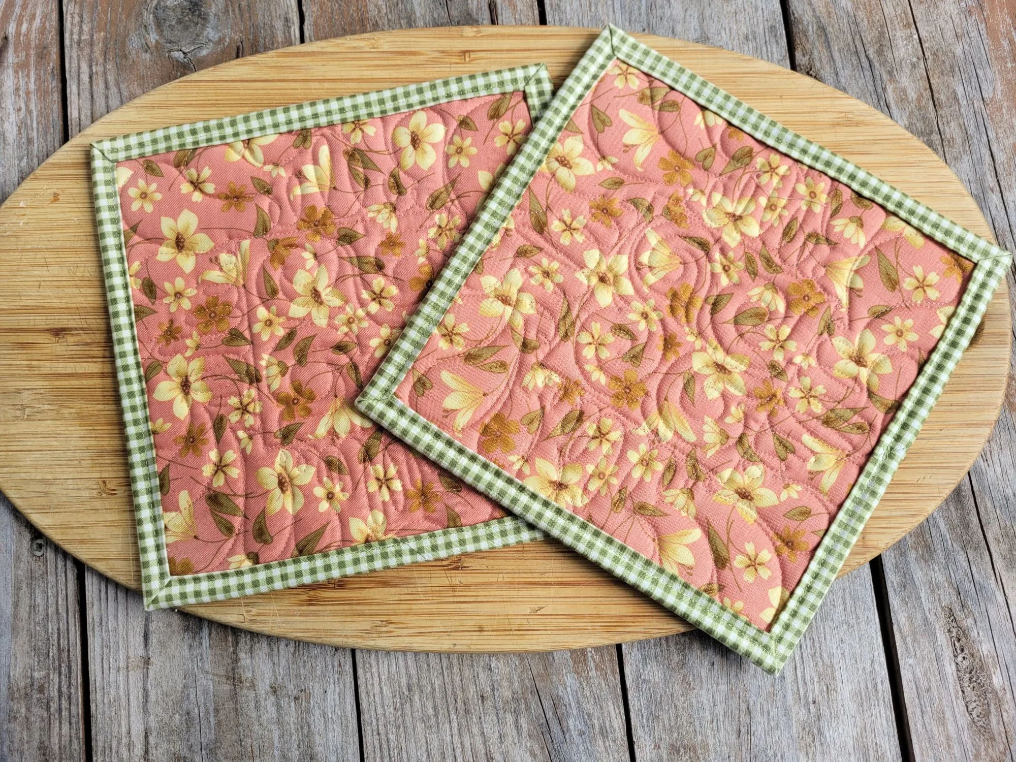 Quilted Potholders in Green and Yellow Floral Prints