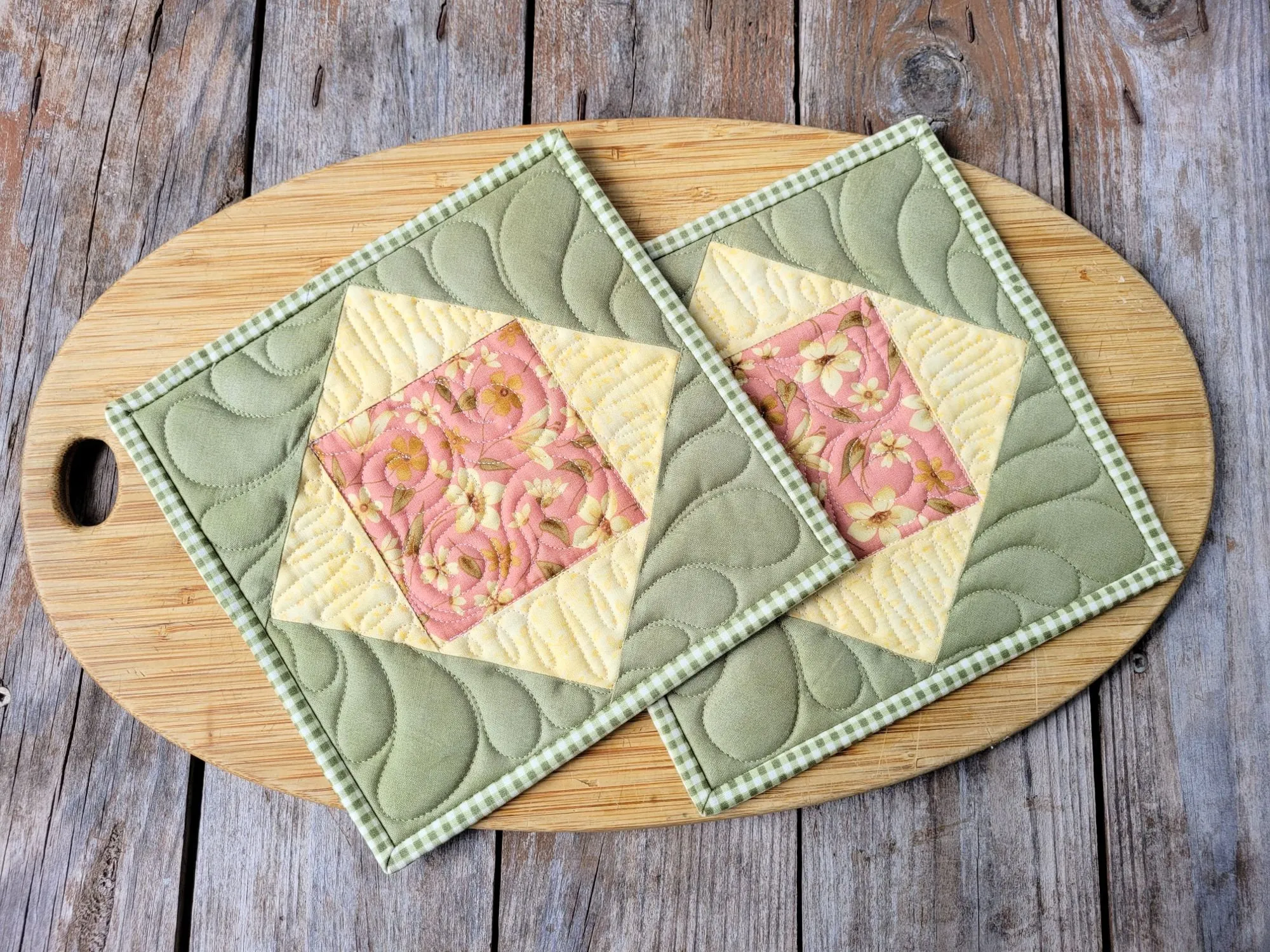 Quilted Potholders in Green and Yellow Floral Prints