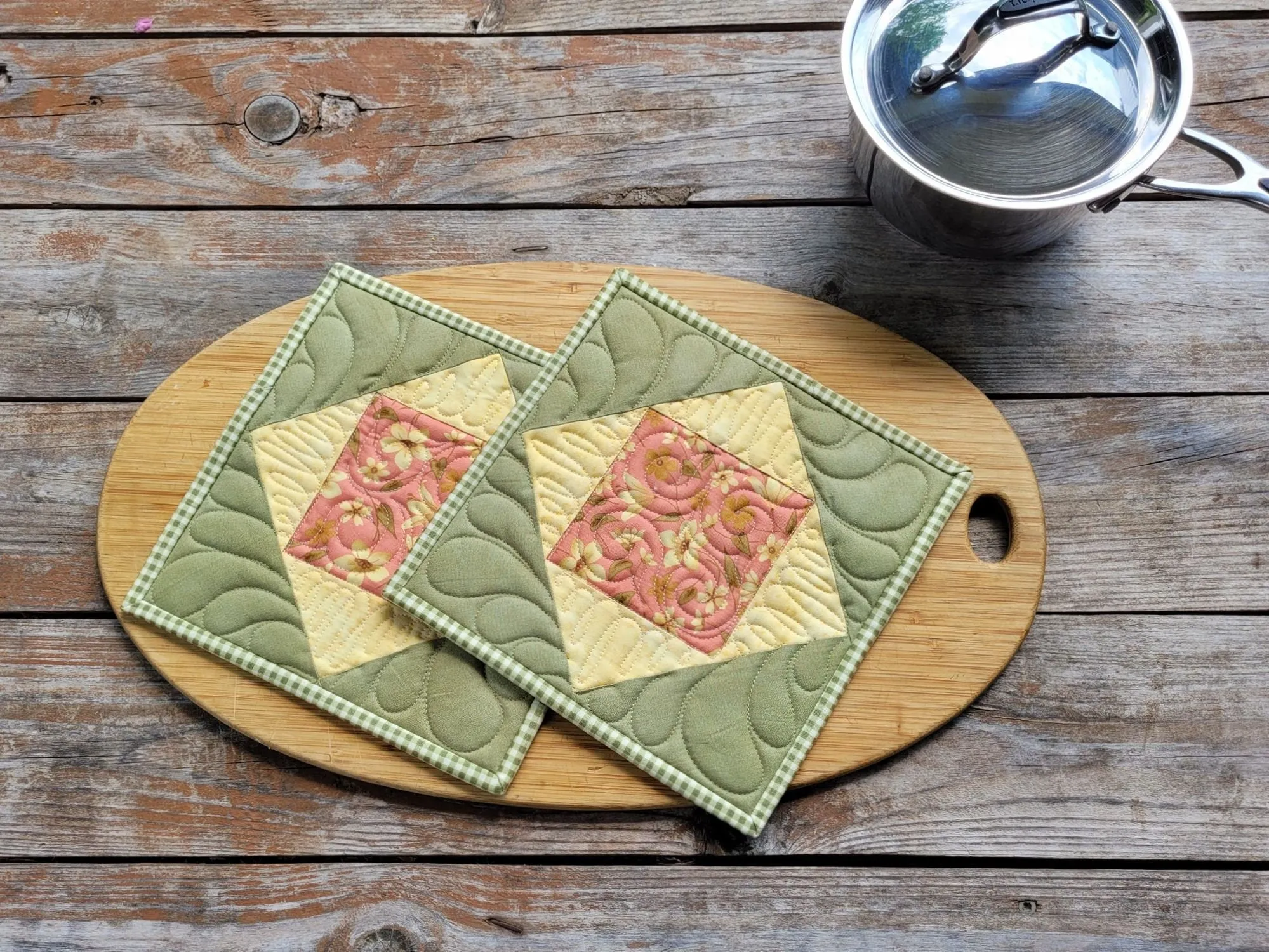 Quilted Potholders in Green and Yellow Floral Prints